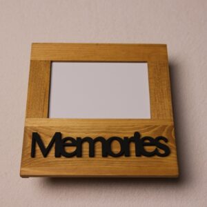 4x6 picture frame in light oak stain featuring wood cutout letters. "Memories"